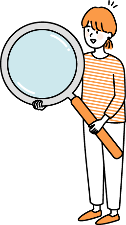 虫眼鏡を持ってプログラム見学をする女性のイラスト